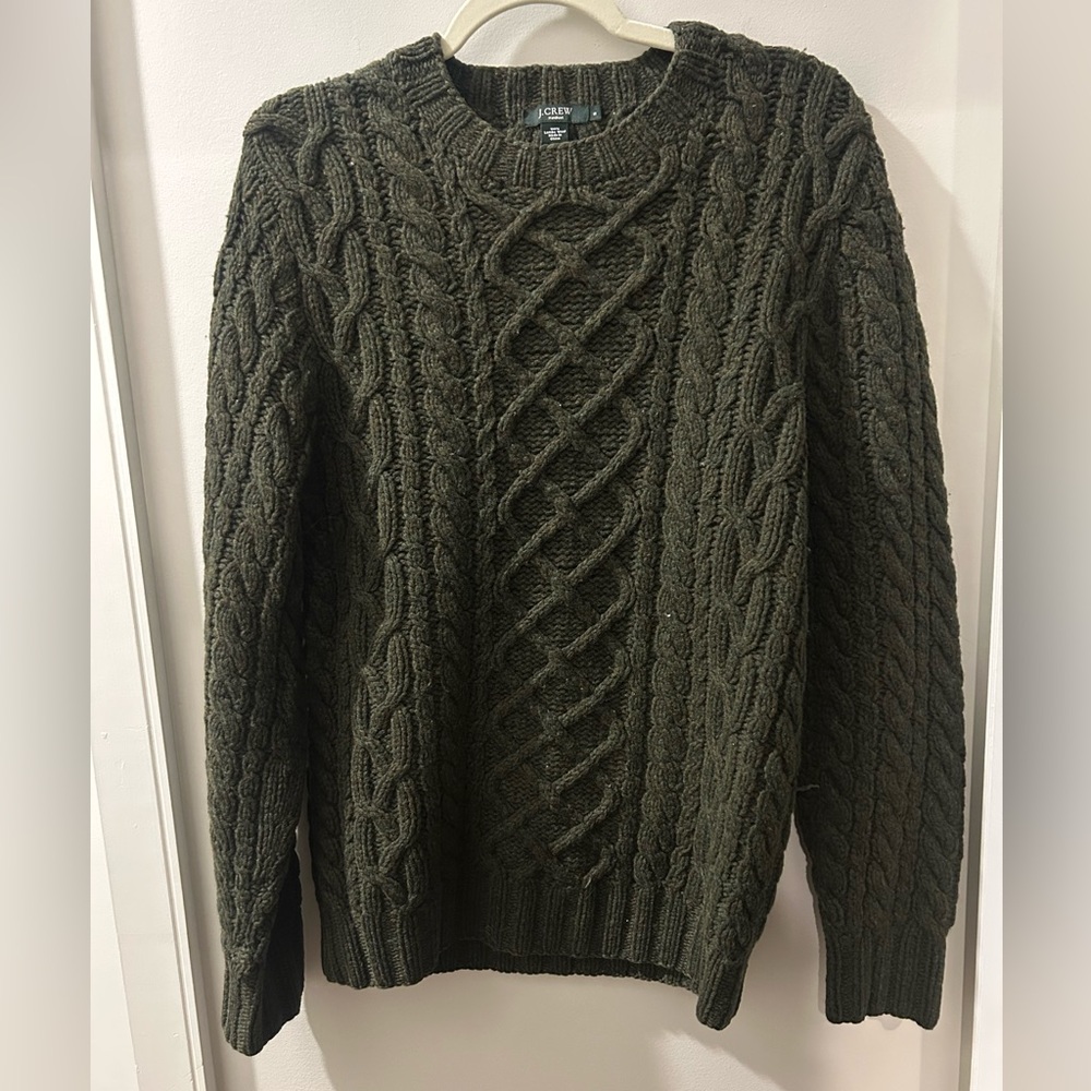 J. Crew Dark Green Handknit Fisherman Crewneck Sweater